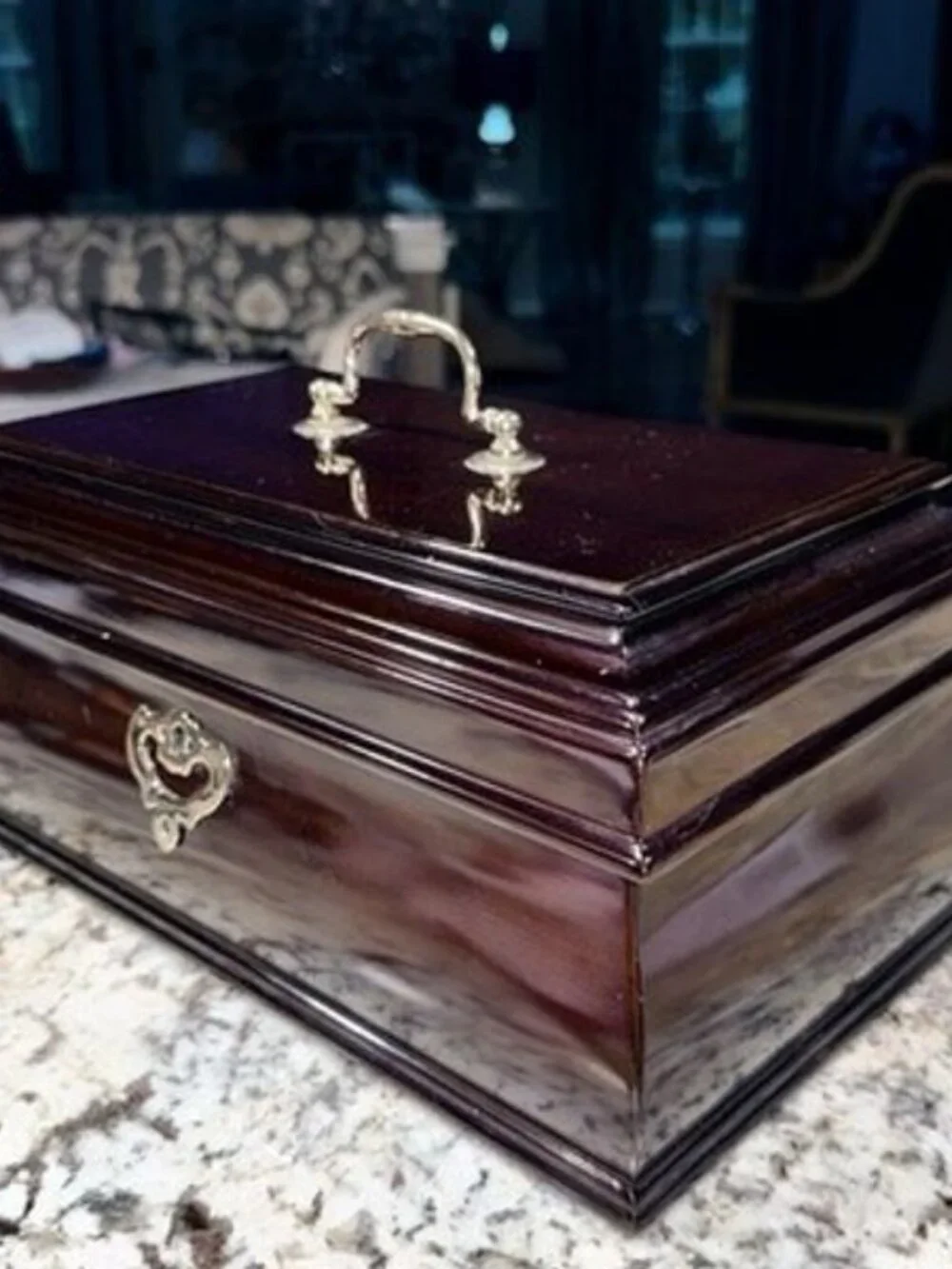 Vintage Large Red Mahogany Wood Jewelry Box Red Velvet Lining - WITH Key - Korea